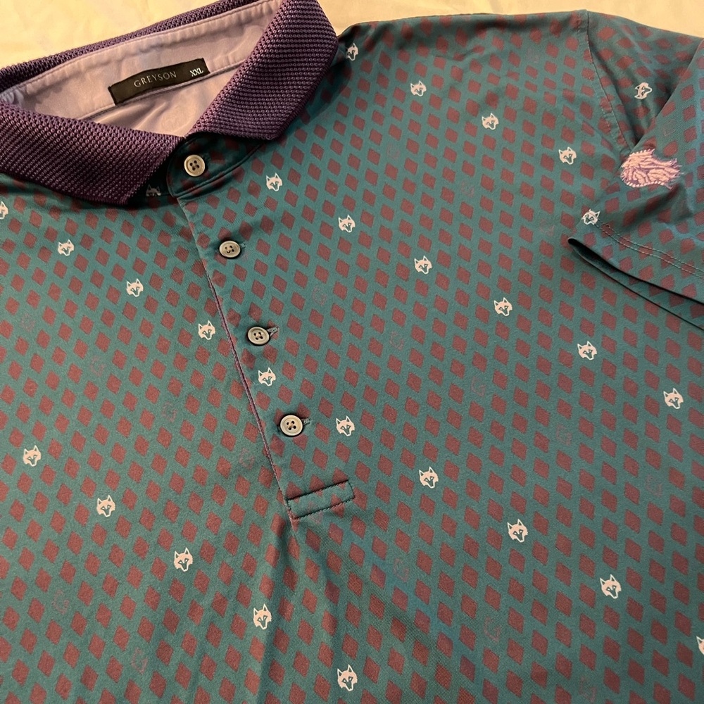 Greyson Teal Polo with Burgundy Diamond Pattern Fox Performance